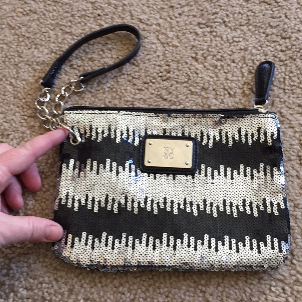 Women’s wristlet bag, silver/ black sequins